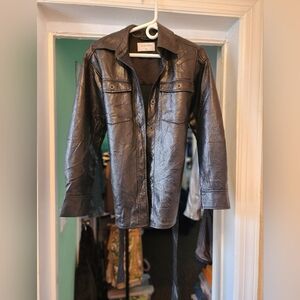 Babaton women's shirt jacket button-front belted leather.